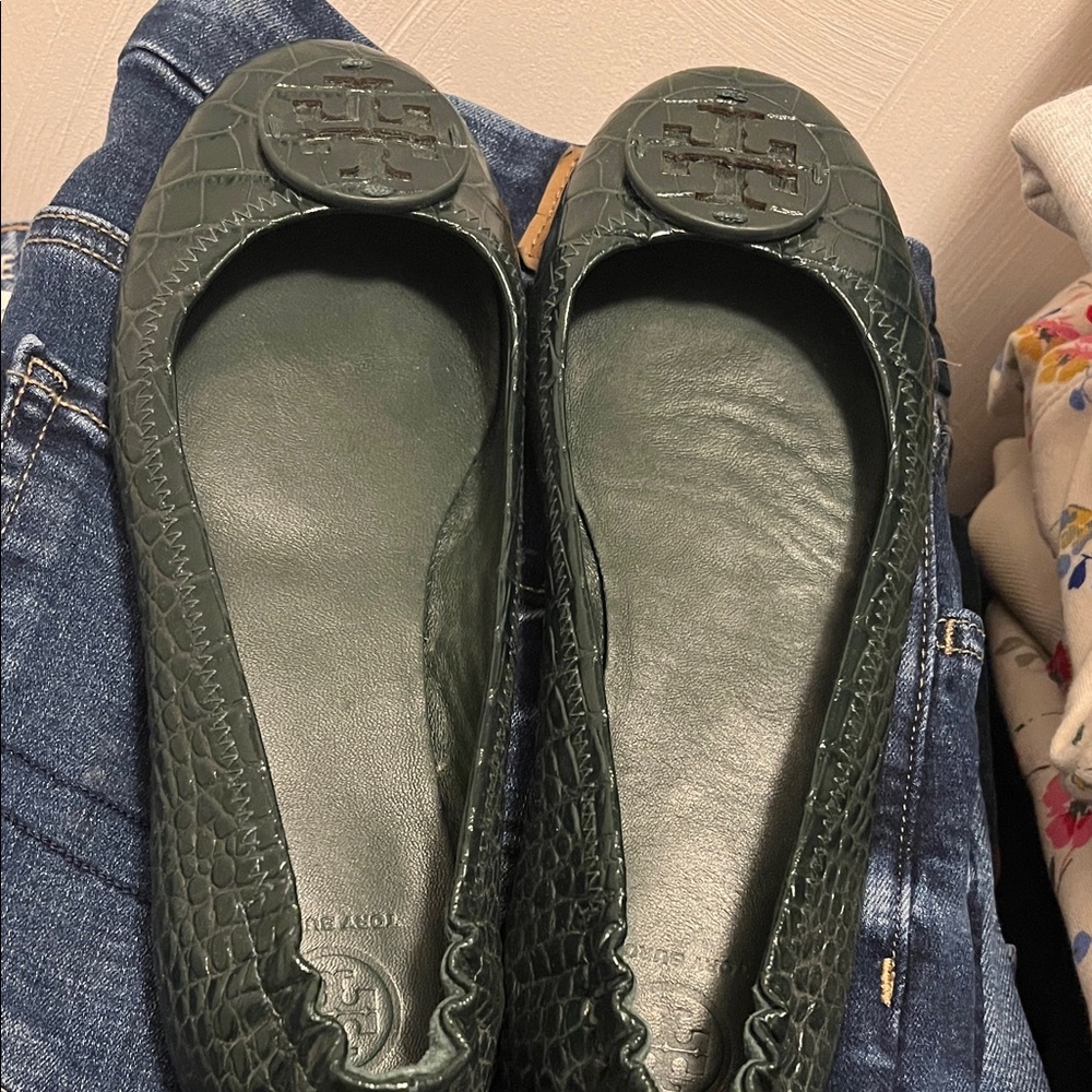 Tory Burch Dark Green Embossed Flats